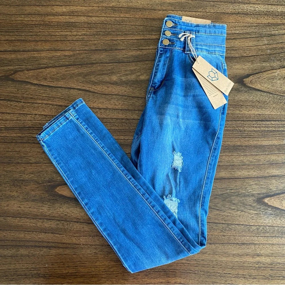 BLUE TURTLE Stacked Waist Slimming High Waist Skinny Jeans Medium Blue size 3 - Picture 4 of 12